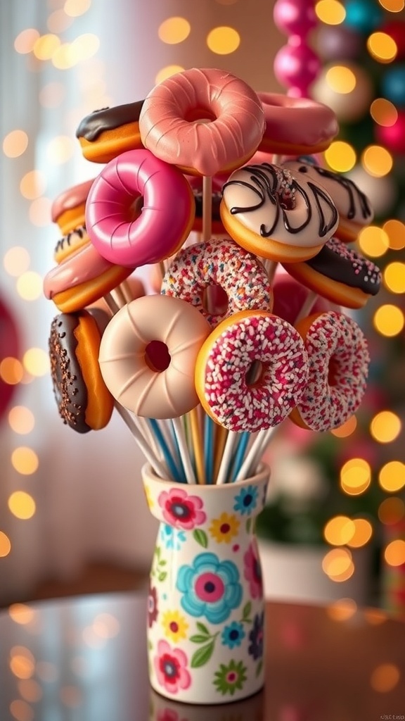 Donut Bouquet Recipe A colorful arrangement of assorted donuts in a decorative vase, showcasing a variety of flavors and toppings.